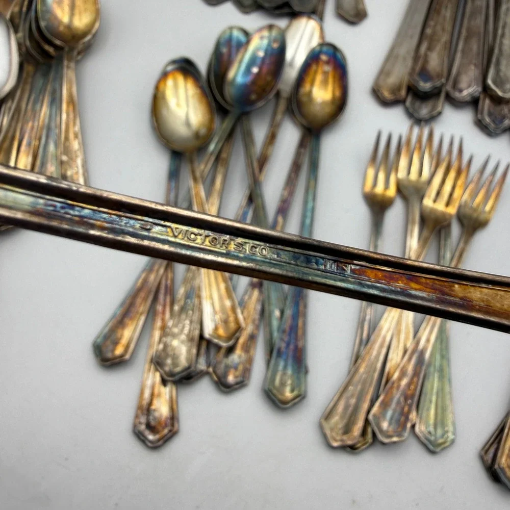 Victor S. Co. Silverplate Flatware 60pc Set Mix Silver Tarnish Art Deco Radisson